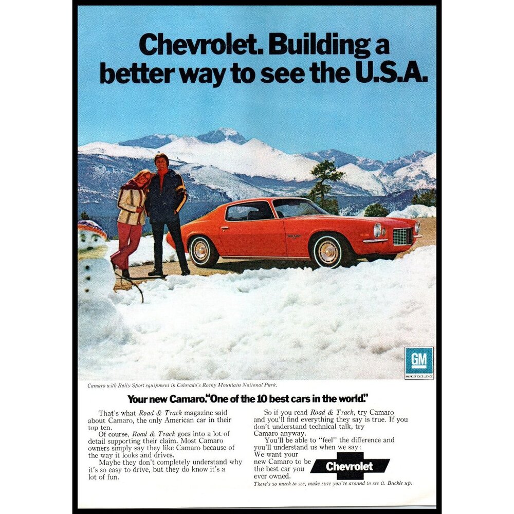 1972 Chevy Camaro Rally Sport Vintage Print Ad Rocky Mountain Park Wall Art 70s